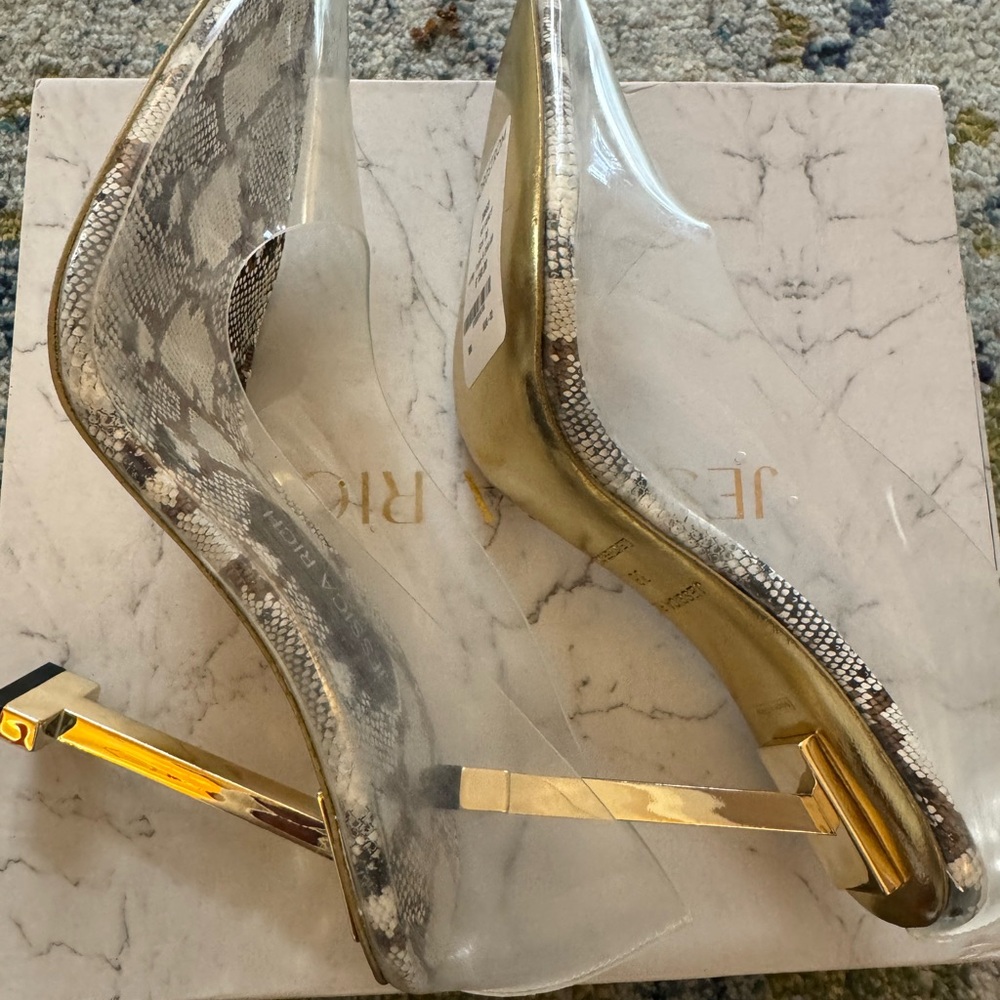So Fancy Snakeskin Pattern Heels - Gray and Cream with Gold Heels - Picture 2 of 12